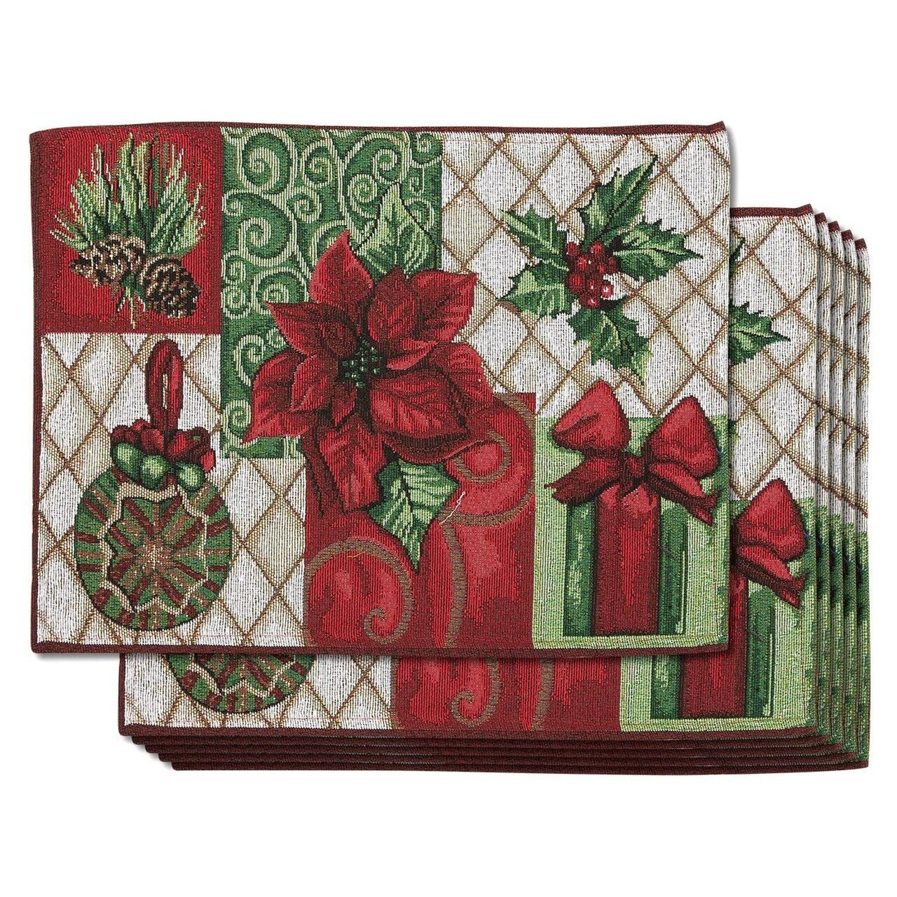 Juvale Christmas Table Placemats Set of 6, 13.5 X 18.5 Inches, Poinsettia, Gift Box, Pinecone, Christmas Ornament Design, Made from Polyester Fabric, Cloth Placemats for Decorations and Dining